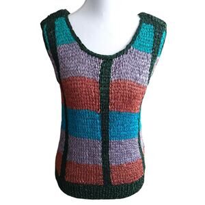 Vintage Argenti Chunky ribbon knit sweater vest colorblock Emerald/Rose Size Med